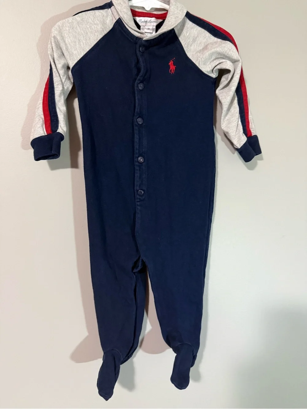 Ralph Lauren Navy, Gray & Red Baby Footed One-Piece Size 9 Months Like New